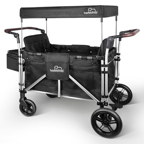 Badovinci Folding Stroller Wagon for 4 Kids with 5-Point Harness and Adjustable Canopy Black
