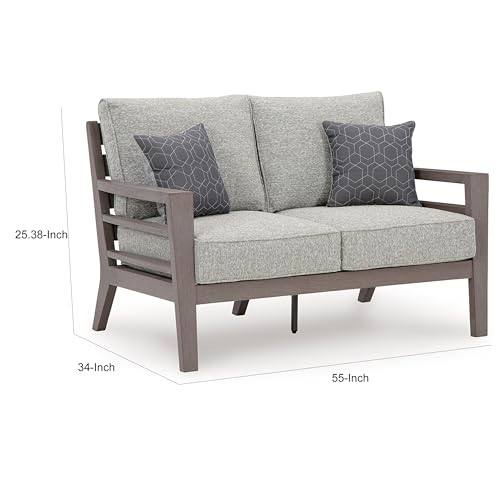 Benzara Karo 55 Inch Outdoor Loveseat Cushioned Seating Gray Brown