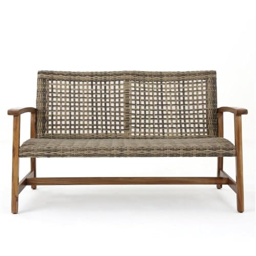 Noble House Breakwater 5-Piece Outdoor Wood and Wicker Loveseat Set Grey