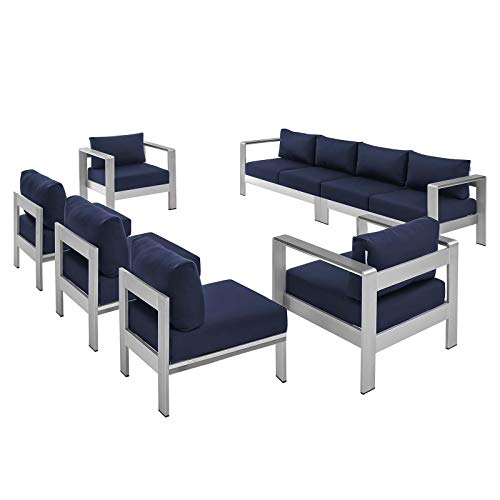 Modway Shore 7 Piece Outdoor Patio Aluminum Sectional Sofa Set Blue