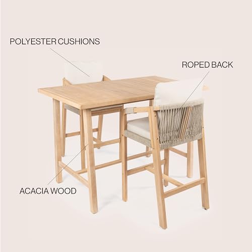 JONATHAN Y Porto Modern Coastal 3-Piece Acacia Wood Outdoor Bar Set with Cushions Beige/Light Teak