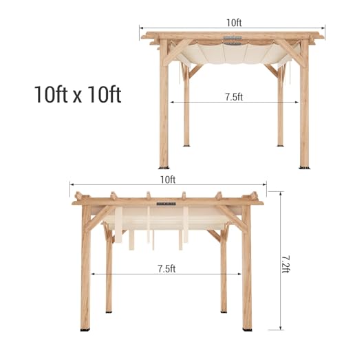 SunnyFurn 10x12 Ft Cedar Wood Pergola with Retractable Shade Canopy Natural