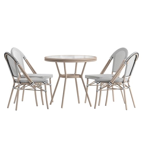Flash Furniture Marseille Indoor/Outdoor Bistro Set - Tempered Glass Top Table with 4 Chairs - Black & White Textilene/Light Natural Frame