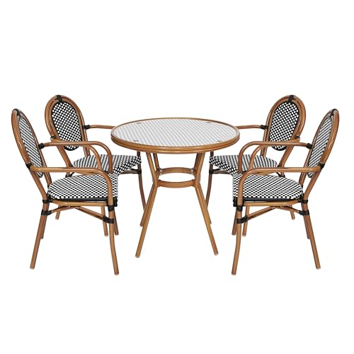 Flash Furniture Lourdes Indoor/Outdoor Commercial Bistro Set - Tempered Glass Top Table & 4 Chairs - Black & White Rattan/Natural Frame