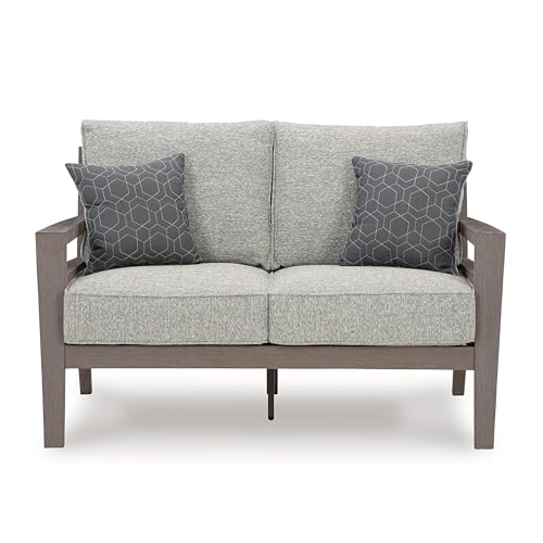 Benzara Karo 55 Inch Outdoor Loveseat Cushioned Seating Gray Brown