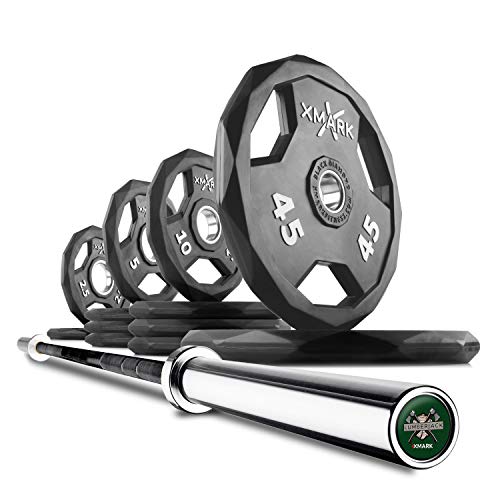 XMark LUMBERJACK Olympic Bar Set with a 155 lb Set BLACK DIAMOND Rubber Coated Weight Plates 20) BAR and 155 lb Set