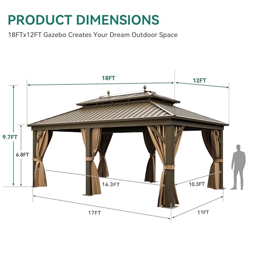 YITAHOME 12x18ft Hardtop Gazebo Heavy Duty with Nettings and Curtains Bronze