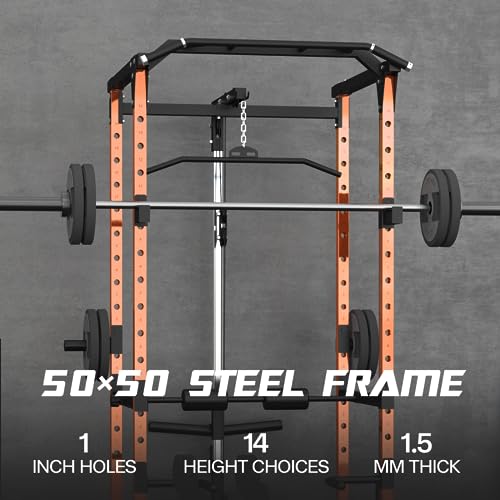 Mappding Power Cage with LAT Pulldown, Squat Rack, 1500 Lbs Capacity, Orange