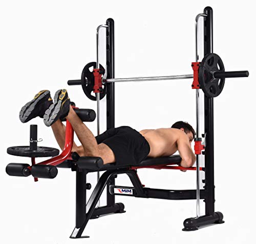 MiM USA Adjustable Olympic Weight Bench Press Set with Leg Extension, Preacher Curl, Squat Rack w/Smith Structure - Black Red