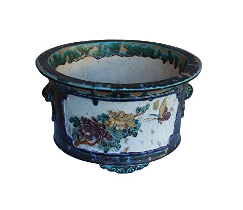 Orientliving Chinese Ceramic Dimensional Flower Butterfly Round Planter Green