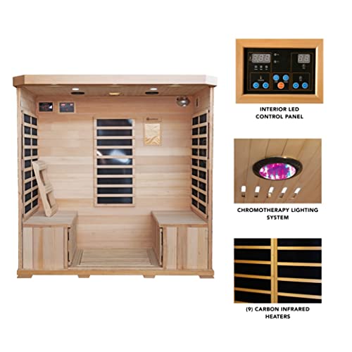 Heat Wave 4 Person Sauna Hemlock Wood Sonoma 9 Carbon Infrared Heaters MP3 Player Chromo Therapy Lighting 120V 2100W Wood