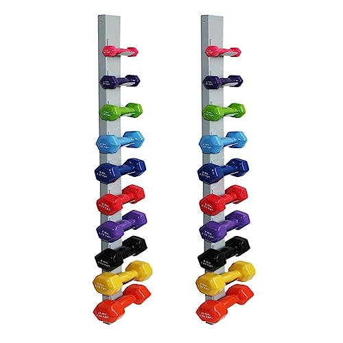 CanDo Vinyl Coated Dumbbells 5 Pairs, 2 Each 1lb through 10lb with Wall Storage Rack - Multicolor