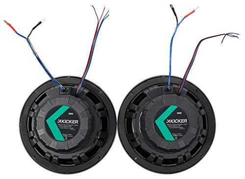 KICKER Waterproof Speakers Bundle with Marine RCA Cable, Amp Wire Kit & Mic White
