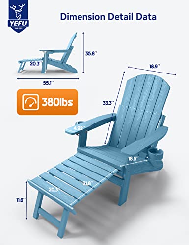 YEFU Adirondack Chair Set of 4 with Ottoman, Adjustable Backrest, Folding Outdoor Chairs, Weather Resistant, Blue