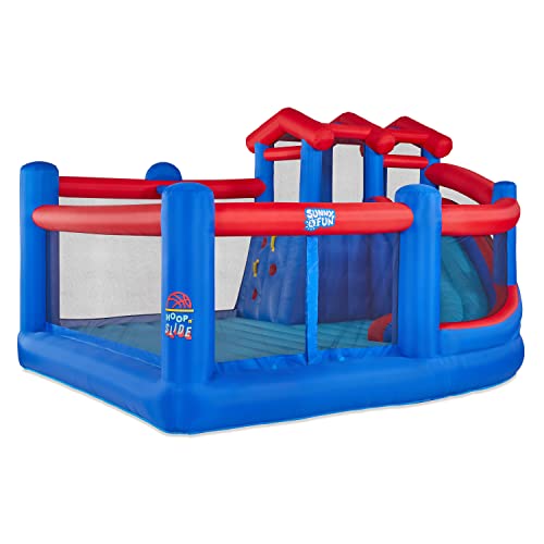 SUNNY & FUN Inflatable Hoop N’ Slide Park with Climbing Wall & Basketball Hoop Blue/Red