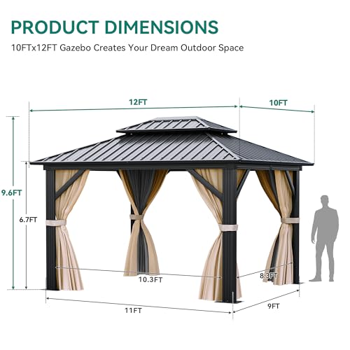 YITAHOME 10x12ft Hardtop Gazebo Double Roof Canopy with Netting and Curtains Brown