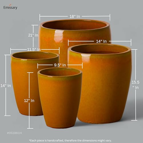 Emissary Bright Orange Ceramic Round Planters Set of 4 with Drainage Holes (12in., 14in., 15.5in., 21in.)