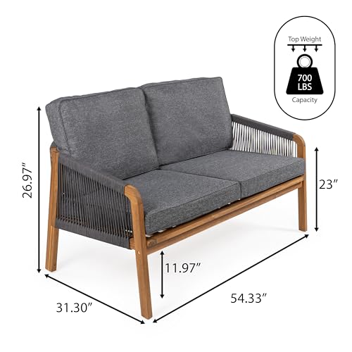 JONATHAN Y Arwen Modern Bohemian Roped Acacia Wood Outdoor Loveseat Gray/Teak Brown