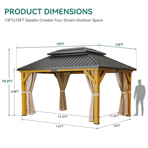 YITAHOME 13x15FT Wood Gazebo Double Roof Hardtop Canopy with Curtain and Netting Beige Yellow