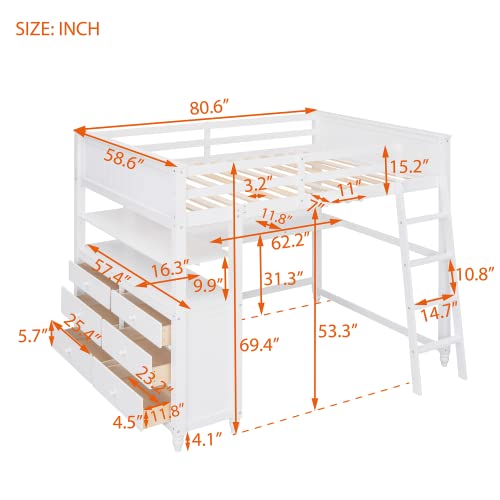 Harper & Bright Designs Full Size Loft Bed with Desk and Storage Drawers White