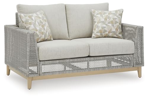 Signature Design by Ashley Seton Creek Cottage Weather Resistant Outdoor Loveseat with Cushion and 2 Throw Pillows Light Brown & Light Gray