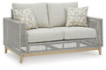 Signature Design by Ashley Seton Creek Cottage Weather Resistant Outdoor Loveseat with Cushion and 2 Throw Pillows Light Brown & Light Gray