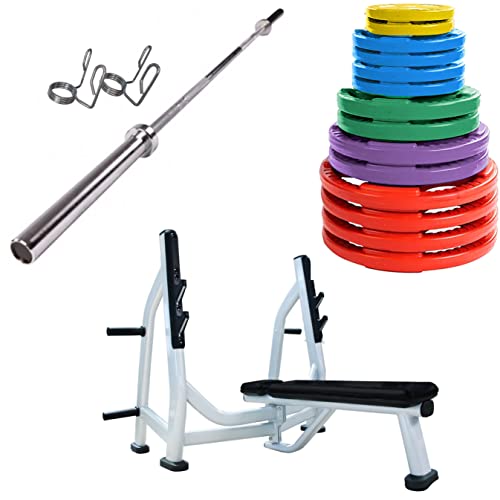French Fitness Weight Plate Set with Olympic Bar 395 lbs + Bench