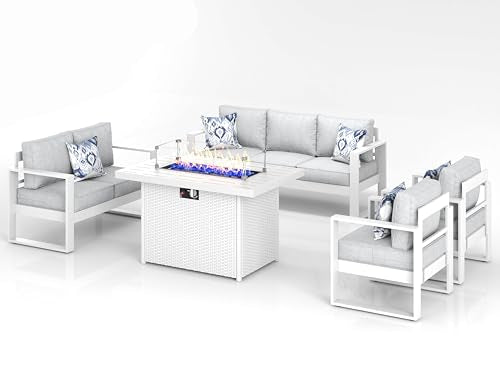KHOLH 5 Piece Modern Aluminum Patio Furniture Set with Fire Pit Table Light Gray