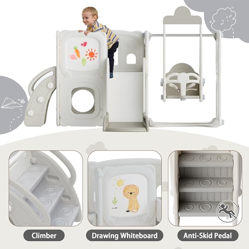 KZPFER 5-in-1 Toddler Slide and Swing Set with Whiteboard Gray