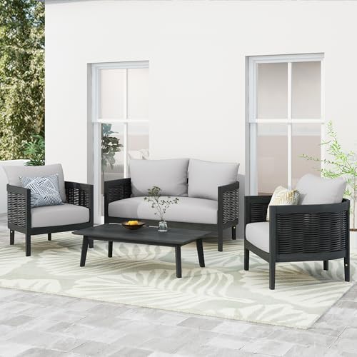 Merax 4-Piece Outdoor Acacia Wood Wicker Conversation Set Grey