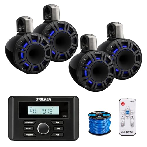 KICKER Marine Gauge USB Bluetooth AM/FM Stereo Receiver with 4x 8" 500W LED Horn-Loaded Speakers Black