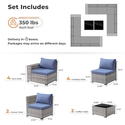 Ovio 12 Pieces Outdoor Sectional Sofa Set with Comfy Cushions Denim Blue