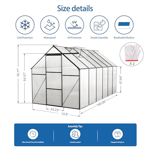 ACQCA 6x12 FT Polycarbonate Greenhouse with Sliding Door and Adjustable Roof Black