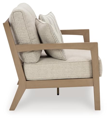 Signature Design by Ashley Hallow Creek Cottage Weather Resistant Outdoor Loveseat with Cushion and 2 Throw Pillows Light Brown & Beige