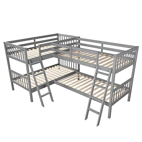 BOVZA L-Shaped Quad Bunk Bed Twin Size with Ladders & Guardrails Grey