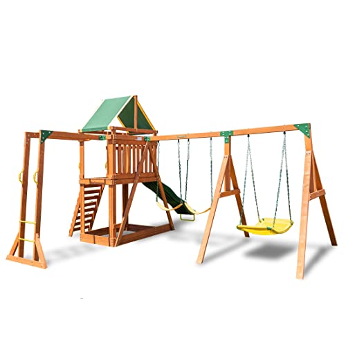 Sportspower Olympia Wood Swing Set with 3 Swings, Slide & Monkey Bars Natural/Green