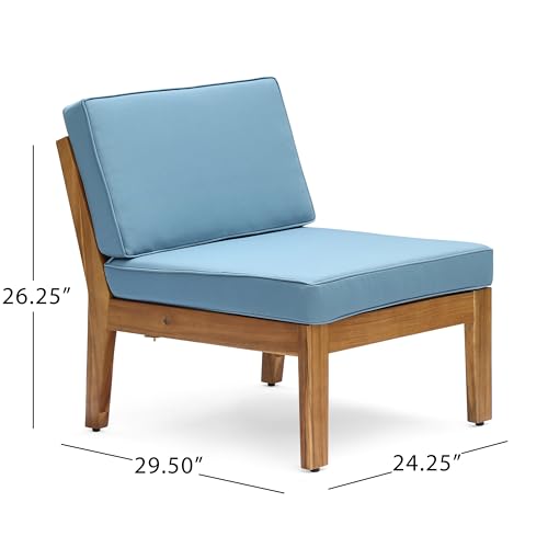 Christopher Knight Home Grena Outdoor Acacia Wood 4-Seater Sectional Set with Ottoman and Coffee Table Teak + Blue