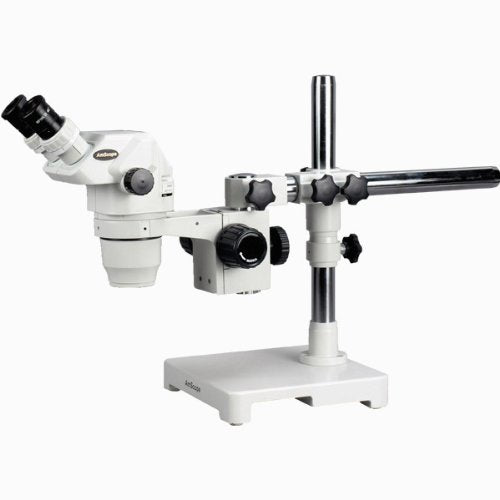 AmScope Professional Binocular Stereo Zoom Microscope with EW10x Eyepieces, 3.35X-45X Magnification, Single-Arm Boom Stand Clear