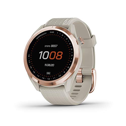 Garmin Approach S42 GPS Golf Smartwatch Rose Gold Ceramic Bezel Tan Silicone Band