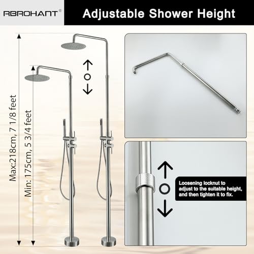 RBROHANT Freestanding Outdoor Shower Nickel, Height Adjustable Outside Showers for Backyard Garden Pool Beach, Outdoor Shower Fixtures with 10” Rain Shower Head and Handheld, Brushed Nickel