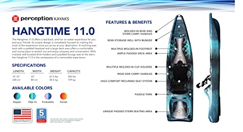 Perception Kayaks Hangtime 11 Recreational Kayak - Reclining Seat - Rear Lounge Seat - 11 ft - Dapper