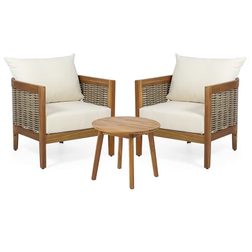 Merax Acacia Wood Wicker Club Chairs Set with Side Table Beige