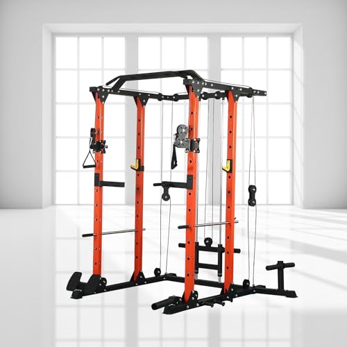 REDAEL Versatile Power Cage with LAT Pulldown, Weight Storage, and Optional Bench Orange+Black