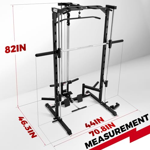 RitFit Smith Machine Power Rack with LAT-Pull Down System, Landmine, Barbell Bar, Plate Storage Pegs Black