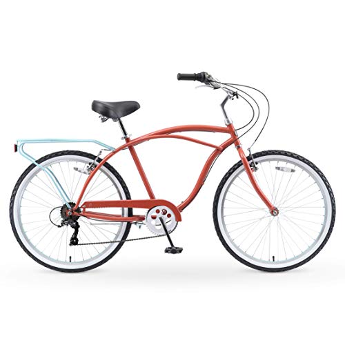 sixthreezero Men's Beach Cruiser Bike 7-Speed Step-Through Hybrid Bicycle 26" Brick Pool w/ Black Seat/Grips