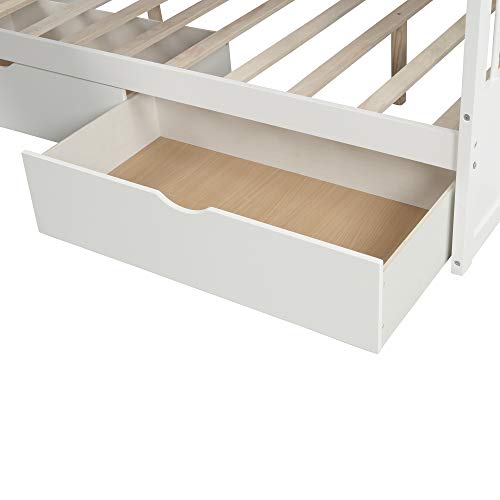 Flieks Twin Over Full Bunk Bed with Drawers and Slide White