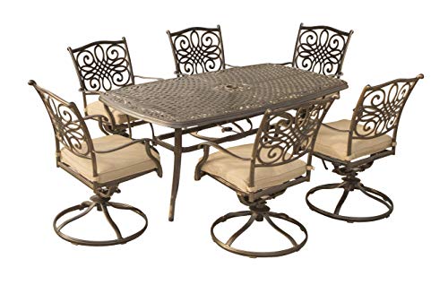 Hanover Traditions 7-Piece Patio Dining Set with 6 Swivel Rocker Chairs and Tan Cushions