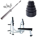 French Fitness Rubber Grip Weight Plate Set w/7 ft Olympic Bar 395 lbs + Bench