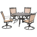 Hanover Fontana 5-Piece Patio Dining Set with Tan Sling Swivel Rocker Chairs and 48" Round Table