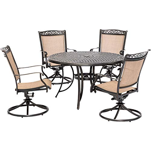 Hanover Fontana 5-Piece Patio Dining Set with Tan Sling Swivel Rocker Chairs and 48" Round Table